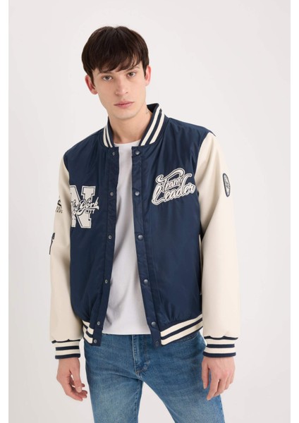 Su İtici Oversize Geniş Kalıp Bomber Kolej Yaka Cepli Nakışlı Çıtçıt Kapamalı Mont D6304AX25SP