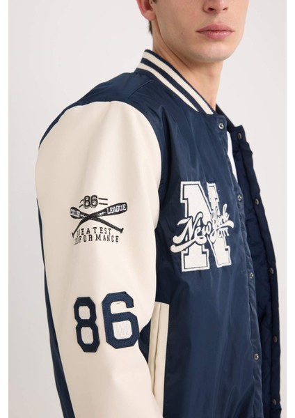 Su İtici Oversize Geniş Kalıp Bomber Kolej Yaka Cepli Nakışlı Çıtçıt Kapamalı Mont D6304AX25SP