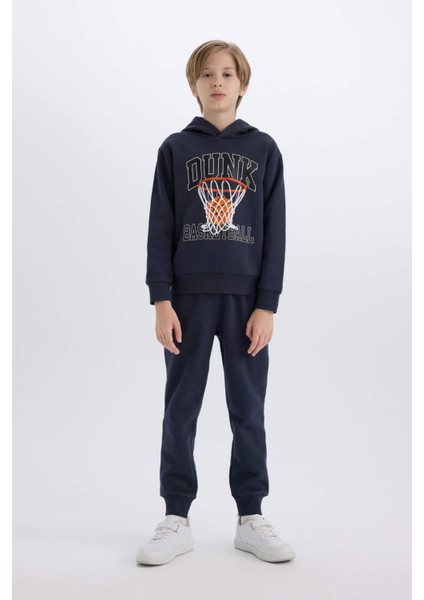 Erkek Çocuk 2'li Takım Kapüşonlu Baskılı Sweatshirt Beli Paçası Lastikli Eşofman Altı B0410A824CW