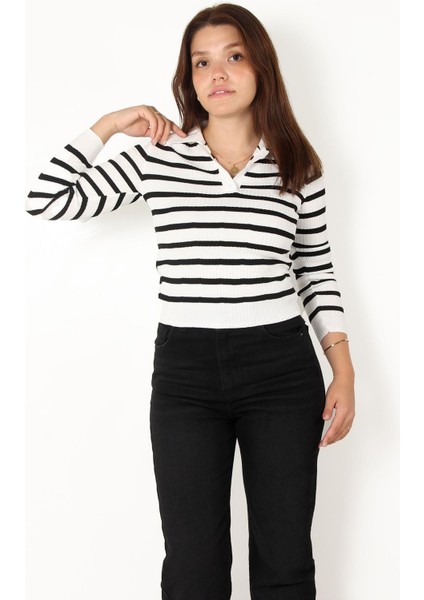 2058 Çizgili Düğmeli Polo Yaka Kazak