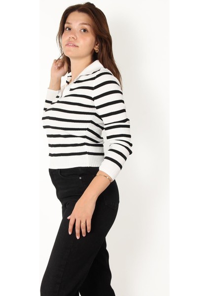 2058 Çizgili Düğmeli Polo Yaka Kazak fiyatları