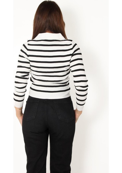 2058 Çizgili Düğmeli Polo Yaka Kazak modelleri