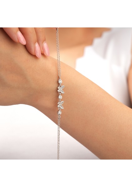 925 Ayar Rodyum Kaplama Zirkon Taşlı Çift Kelebekli Gümüş Bileklik fiyatları