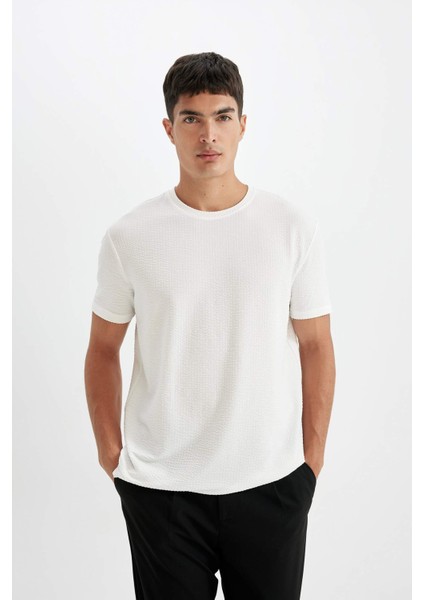 Regular Fit Bisiklet Yaka Kısa Kollu Beyaz Krinkıl Tişört D6477AX24HS