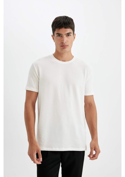 Regular Fit Bisiklet Yaka Kısa Kollu Beyaz Krinkıl Tişört D6477AX24HS