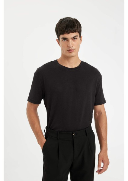 Regular Fit Bisiklet Yaka Krinkıl Kısa Kollu Siyah Tişört D6477AX24HS