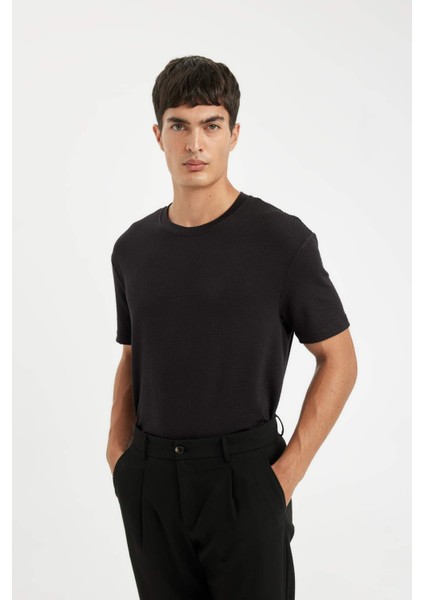 Regular Fit Bisiklet Yaka Krinkıl Kısa Kollu Siyah Tişört D6477AX24HS