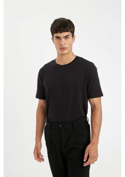 Regular Fit Bisiklet Yaka Krinkıl Kısa Kollu Siyah Tişört D6477AX24HS