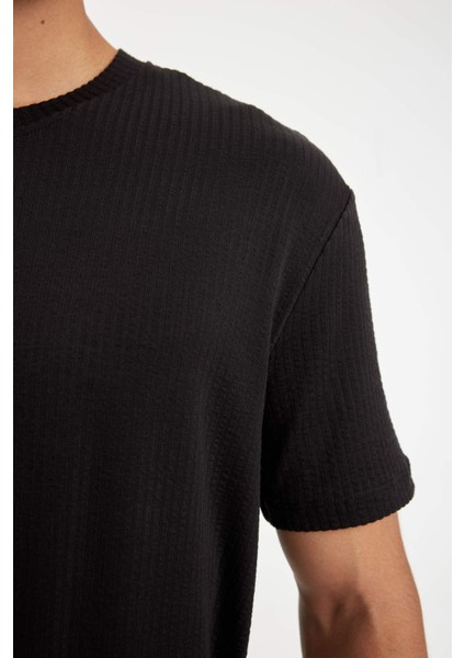 Regular Fit Bisiklet Yaka Krinkıl Kısa Kollu Siyah Tişört D6477AX24HS