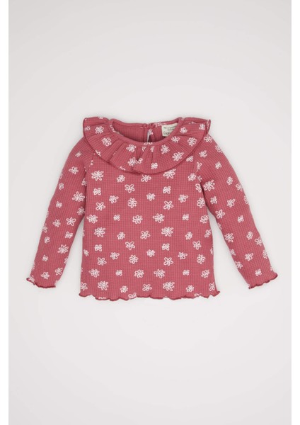 Kız Bebek Büyük Yaka Çiçekli Waffle Uzun Kollu Tişört