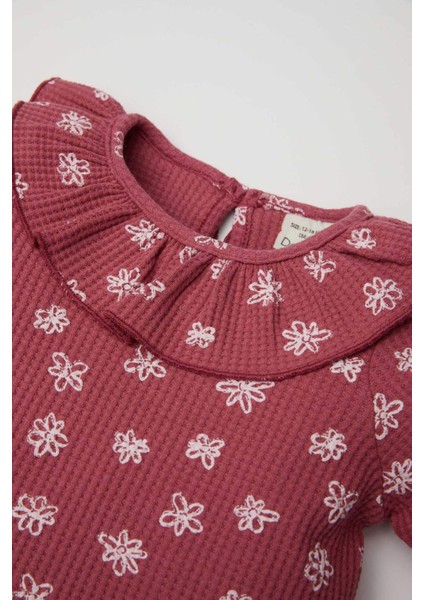 Kız Bebek Büyük Yaka Çiçekli Waffle Uzun Kollu Tişört