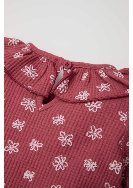 Kız Bebek Büyük Yaka Çiçekli Waffle Uzun Kollu Tişört