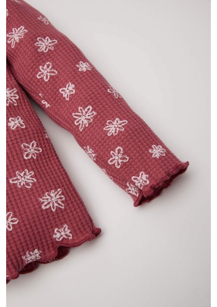 Kız Bebek Büyük Yaka Çiçekli Waffle Uzun Kollu Tişört