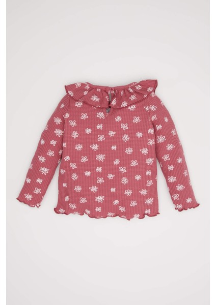 Kız Bebek Büyük Yaka Çiçekli Waffle Uzun Kollu Tişört