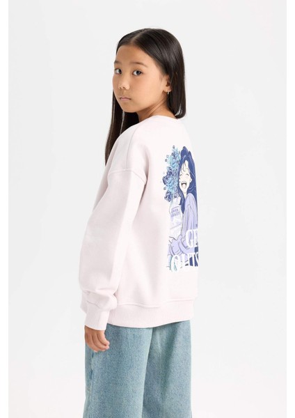 Kız Çocuk Oversize Geniş Kalıp Bisiklet Yaka Sırt Baskılı İçi Yumuşak Tüylü Sweatshirt D4297A824WN