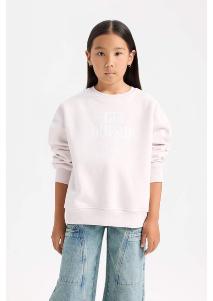 Kız Çocuk Oversize Geniş Kalıp Bisiklet Yaka Sırt Baskılı İçi Yumuşak Tüylü Sweatshirt D4297A824WN