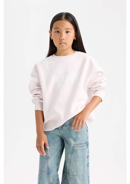 Kız Çocuk Oversize Geniş Kalıp Bisiklet Yaka Sırt Baskılı İçi Yumuşak Tüylü Sweatshirt D4297A824WN