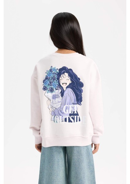 Kız Çocuk Oversize Geniş Kalıp Bisiklet Yaka Sırt Baskılı İçi Yumuşak Tüylü Sweatshirt D4297A824WN