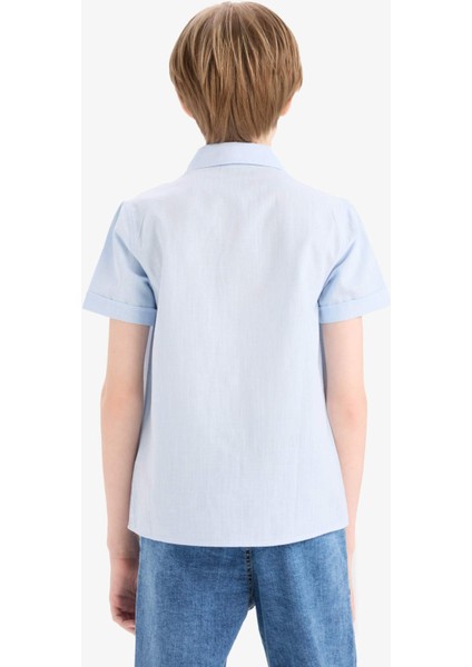 Erkek Çocuk Polo Yaka Keten Görünümlü Basic Düz Kısa Kollu Gömlek