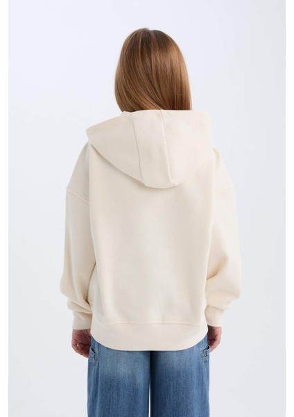 Kız Çocuk Oversize Geniş Kalıp Kapüşonlu Baskılı İçi Yumuşak Tüylü Sweatshirt D4296A824WN