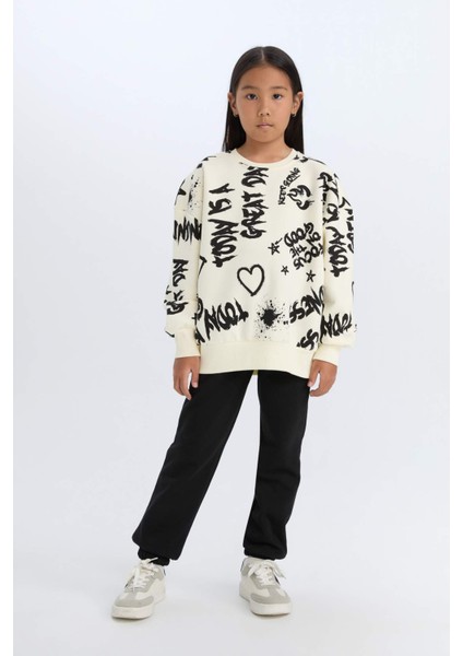 Kız Çocuk 2'li Takım Desenli Sweatshirt Beli Lastikli Eşofman Altı D4871A824WN