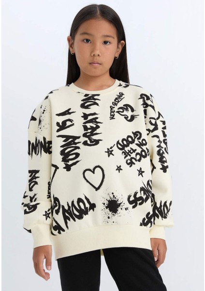 Kız Çocuk 2'li Takım Desenli Sweatshirt Beli Lastikli Eşofman Altı D4871A824WN