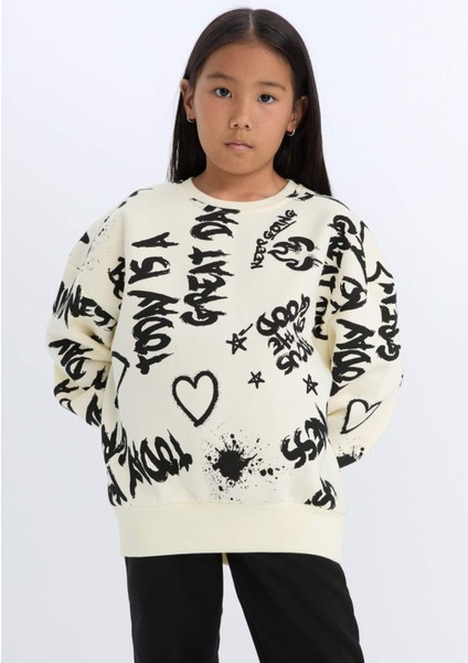 Kız Çocuk 2'li Takım Desenli Sweatshirt Beli Lastikli Eşofman Altı D4871A824WN