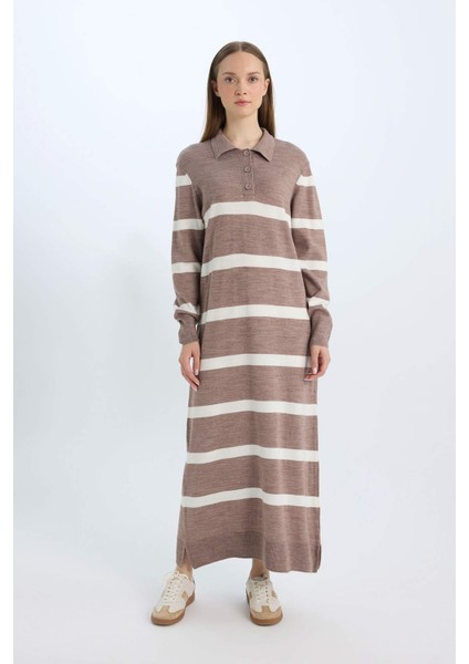 Regular Fit Polo Yaka Düğmeli Çizgili Uzun Kollu Maxi Triko Elbise D6523AXNS