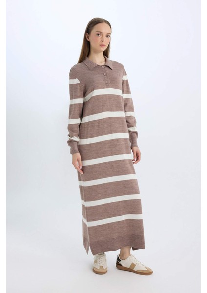 Regular Fit Polo Yaka Düğmeli Çizgili Uzun Kollu Maxi Triko Elbise D6523AXNS