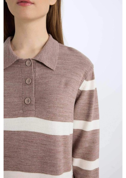 Regular Fit Polo Yaka Düğmeli Çizgili Uzun Kollu Maxi Triko Elbise D6523AXNS