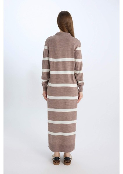 Regular Fit Polo Yaka Düğmeli Çizgili Uzun Kollu Maxi Triko Elbise D6523AXNS