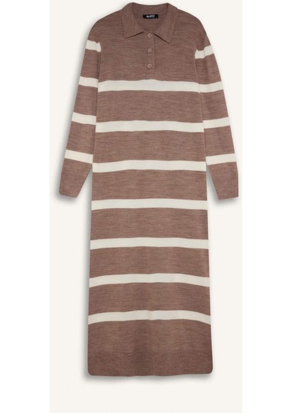 Regular Fit Polo Yaka Düğmeli Çizgili Uzun Kollu Maxi Triko Elbise D6523AXNS