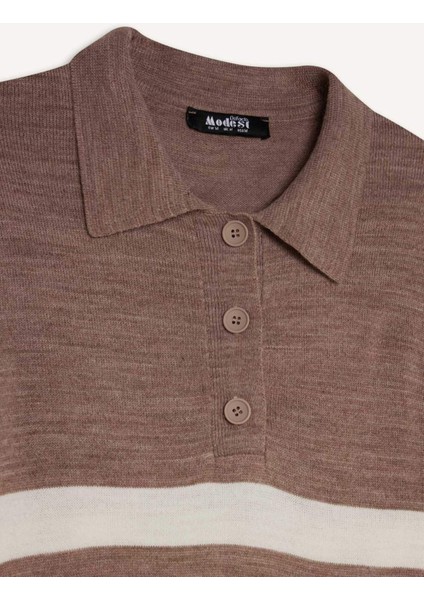 Regular Fit Polo Yaka Düğmeli Çizgili Uzun Kollu Maxi Triko Elbise D6523AXNS