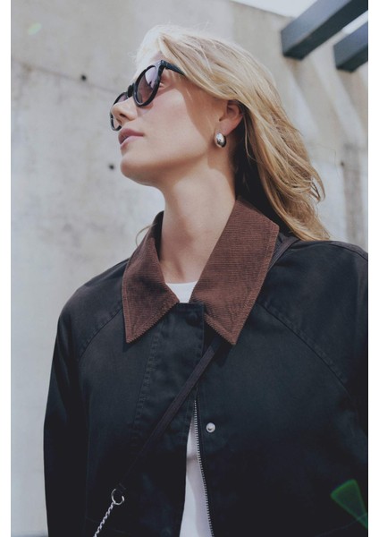 Regular Kalıp İnce Mumlu Kadife Ceket Mont Polo Yaka Çıtçıtlı Cepli Mevsimlik D5766AX24WN