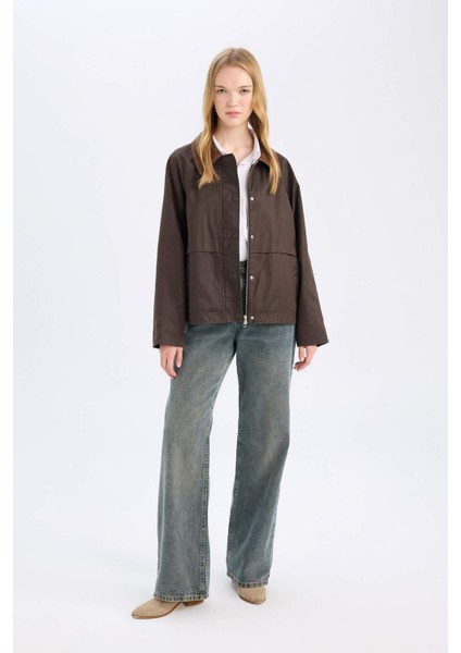 Regular Kalıp İnce Mumlu Kadife Ceket Mont Polo Yaka Çıtçıtlı Cepli Mevsimlik D5766AX24WN