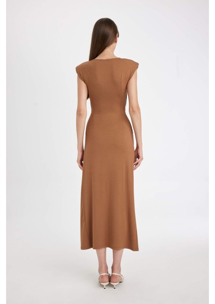 V Yaka Yırtmaçlı Drapeli Kolsuz Maxi Elbise D5260AX24AU