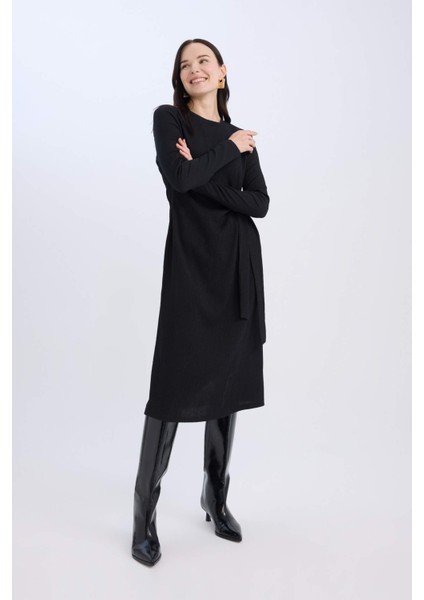 Bisiklet Yaka Basic Düz Beli Bağlamalı Bürümcük Uzun Kollu Maxi Siyah Elbise