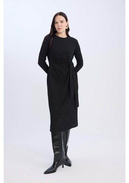 Bisiklet Yaka Basic Düz Beli Bağlamalı Bürümcük Uzun Kollu Maxi Siyah Elbise