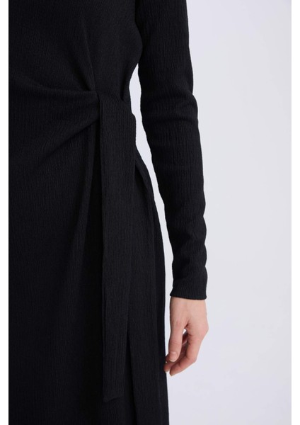 Bisiklet Yaka Basic Düz Beli Bağlamalı Bürümcük Uzun Kollu Maxi Siyah Elbise