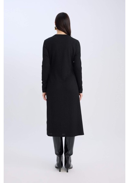 Bisiklet Yaka Basic Düz Beli Bağlamalı Bürümcük Uzun Kollu Maxi Siyah Elbise