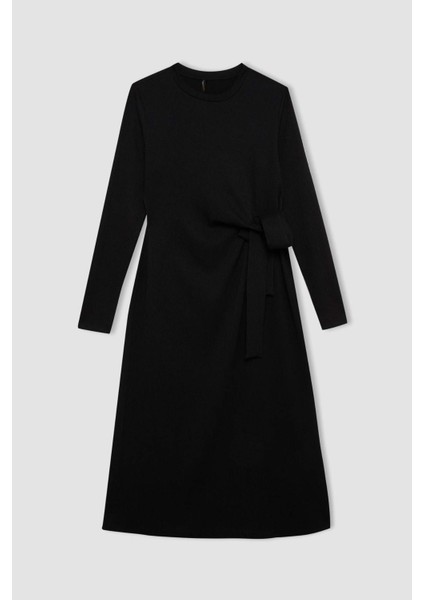 Bisiklet Yaka Basic Düz Beli Bağlamalı Bürümcük Uzun Kollu Maxi Siyah Elbise