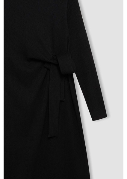 Bisiklet Yaka Basic Düz Beli Bağlamalı Bürümcük Uzun Kollu Maxi Siyah Elbise