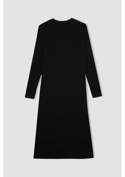 Bisiklet Yaka Basic Düz Beli Bağlamalı Bürümcük Uzun Kollu Maxi Siyah Elbise