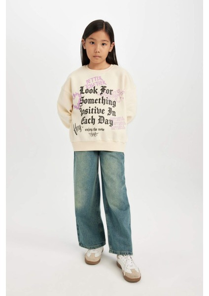 Kız Çocuk Relax Fit Bisiklet Yaka Baskılı Sweatshirt D4387A824WN