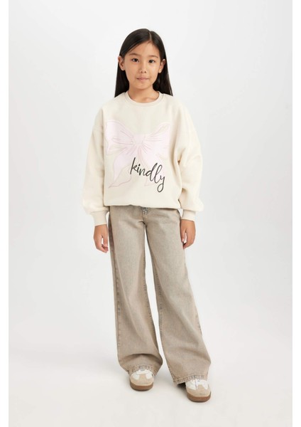 Kız Çocuk Relax Fit Bisiklet Yaka Baskılı Sweatshirt D4380A824WN