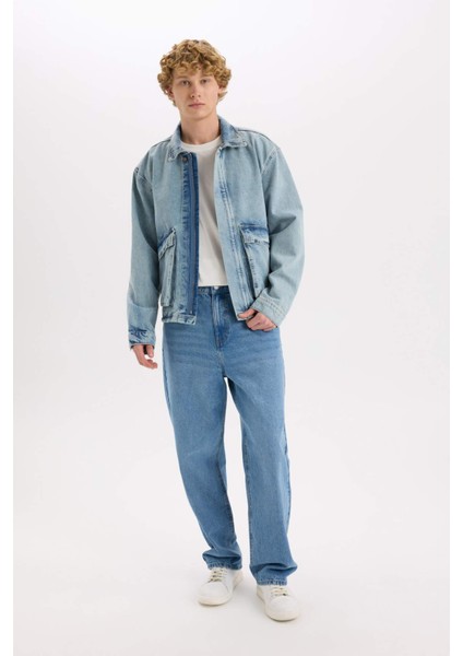 %100 Pamuk Polo Yaka Cepli Fermuarlı Denim Ceket D5884AX24AU