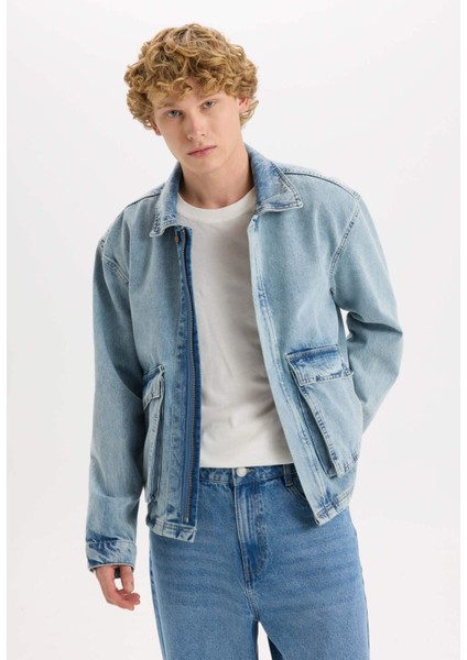 %100 Pamuk Polo Yaka Cepli Fermuarlı Denim Ceket D5884AX24AU