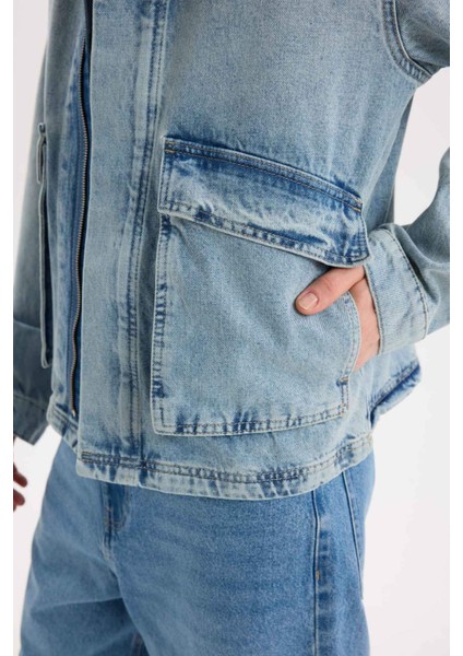 %100 Pamuk Polo Yaka Cepli Fermuarlı Denim Ceket D5884AX24AU