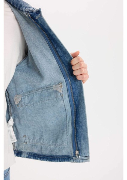 %100 Pamuk Polo Yaka Cepli Fermuarlı Denim Ceket D5884AX24AU
