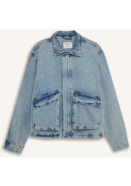 %100 Pamuk Polo Yaka Cepli Fermuarlı Denim Ceket D5884AX24AU